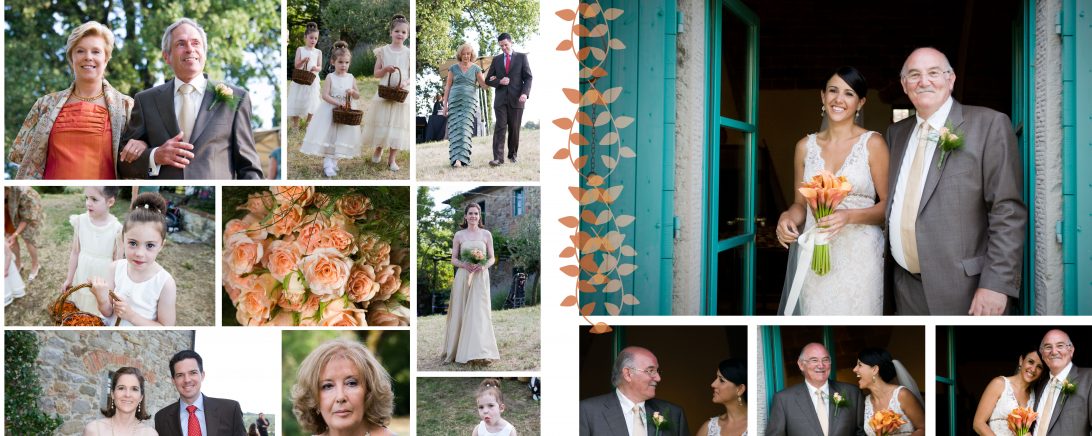 A collage of moments from a wedding, featuring guests in formal attire, a flower bouquet, and various candid shots of family and friends at a Tuscan setting.