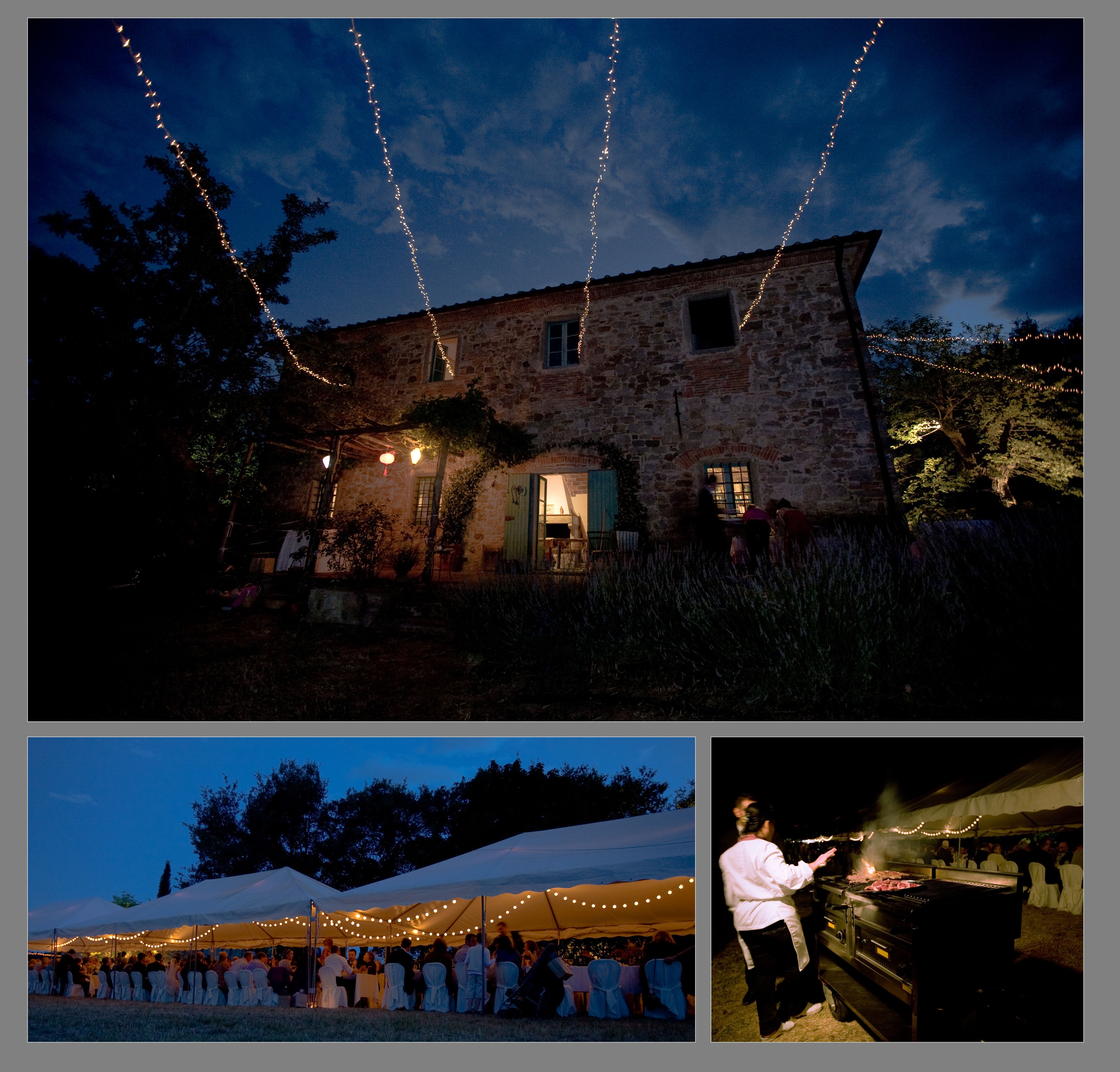 A beautifully illuminated Tuscan villa with twinkling fairy lights and a cozy outdoor dining setup, set against a night sky.