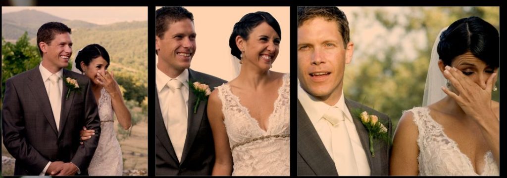 A joyful wedding moment featuring a smiling couple outdoors, surrounded by lush greenery and Tuscan hills.