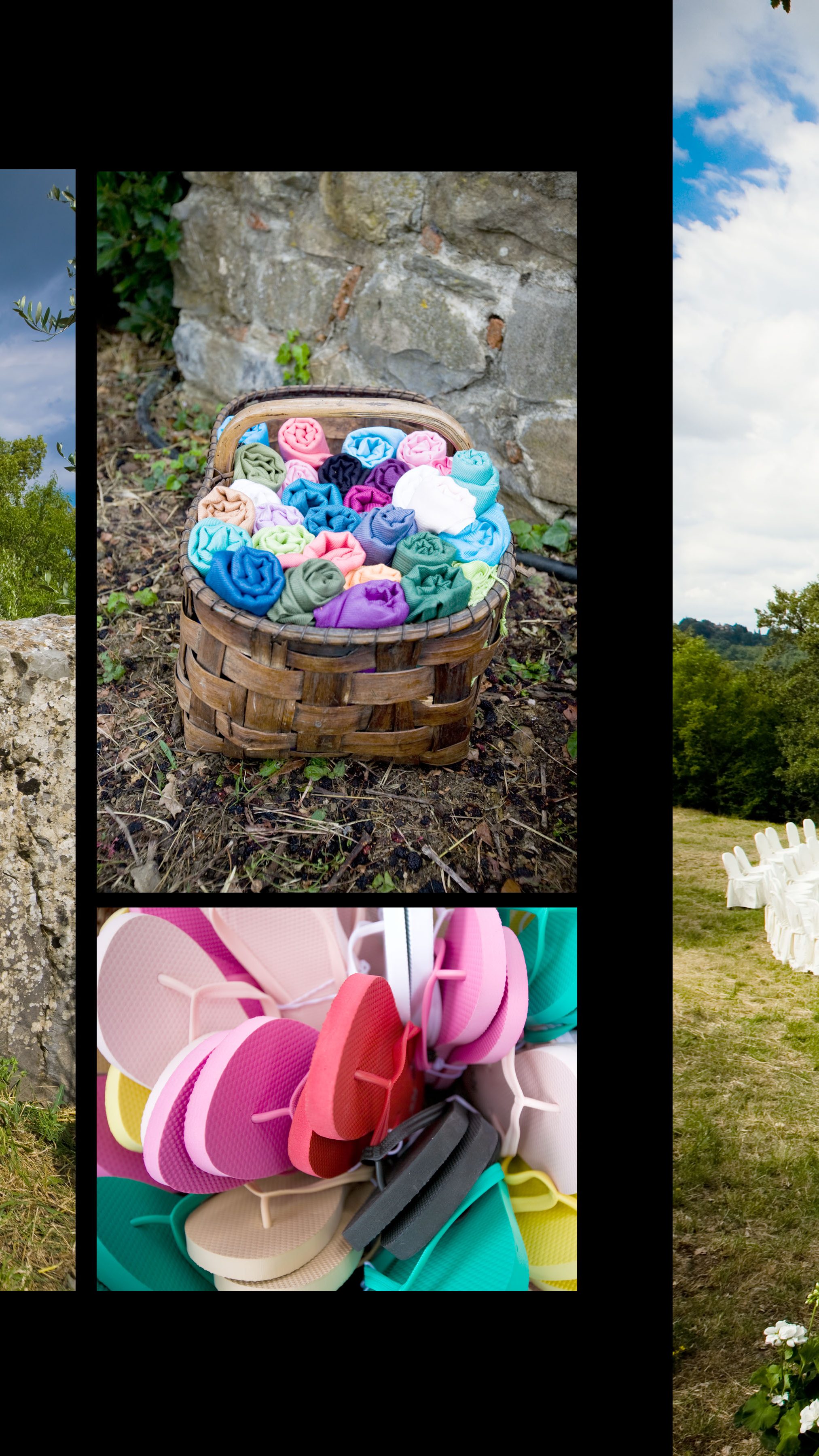 A wicker basket filled with colorful rolled pashminas and flip flops for a wedding in tuscany
